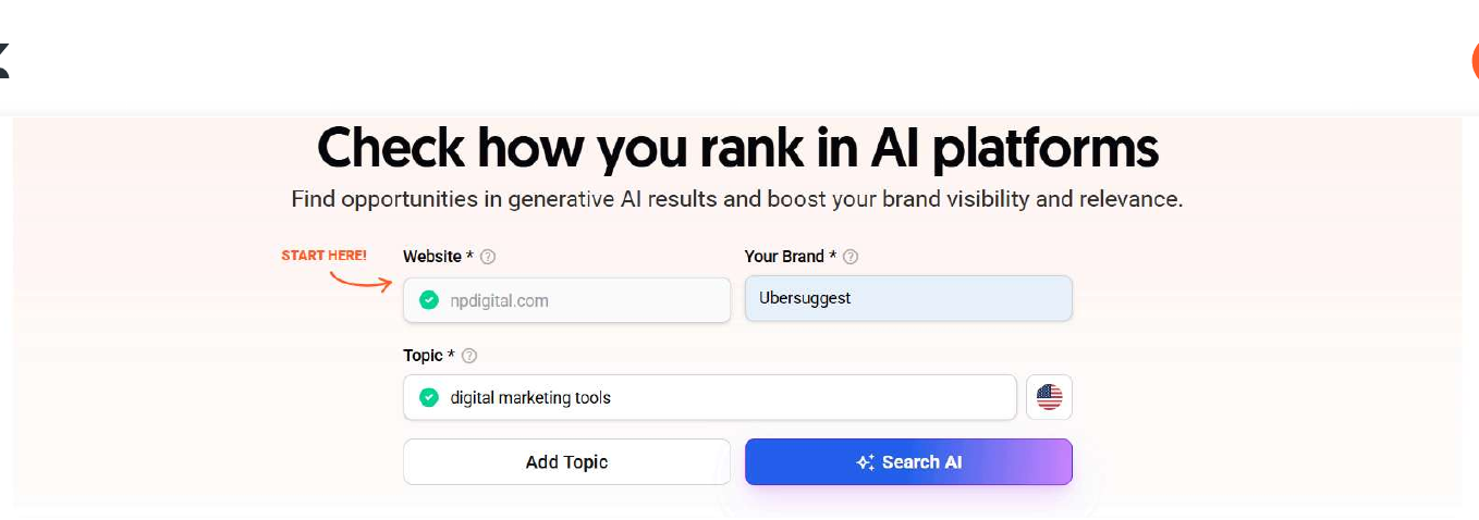 AI Search Visibility setup form with the main keyword set to digital marketing tools