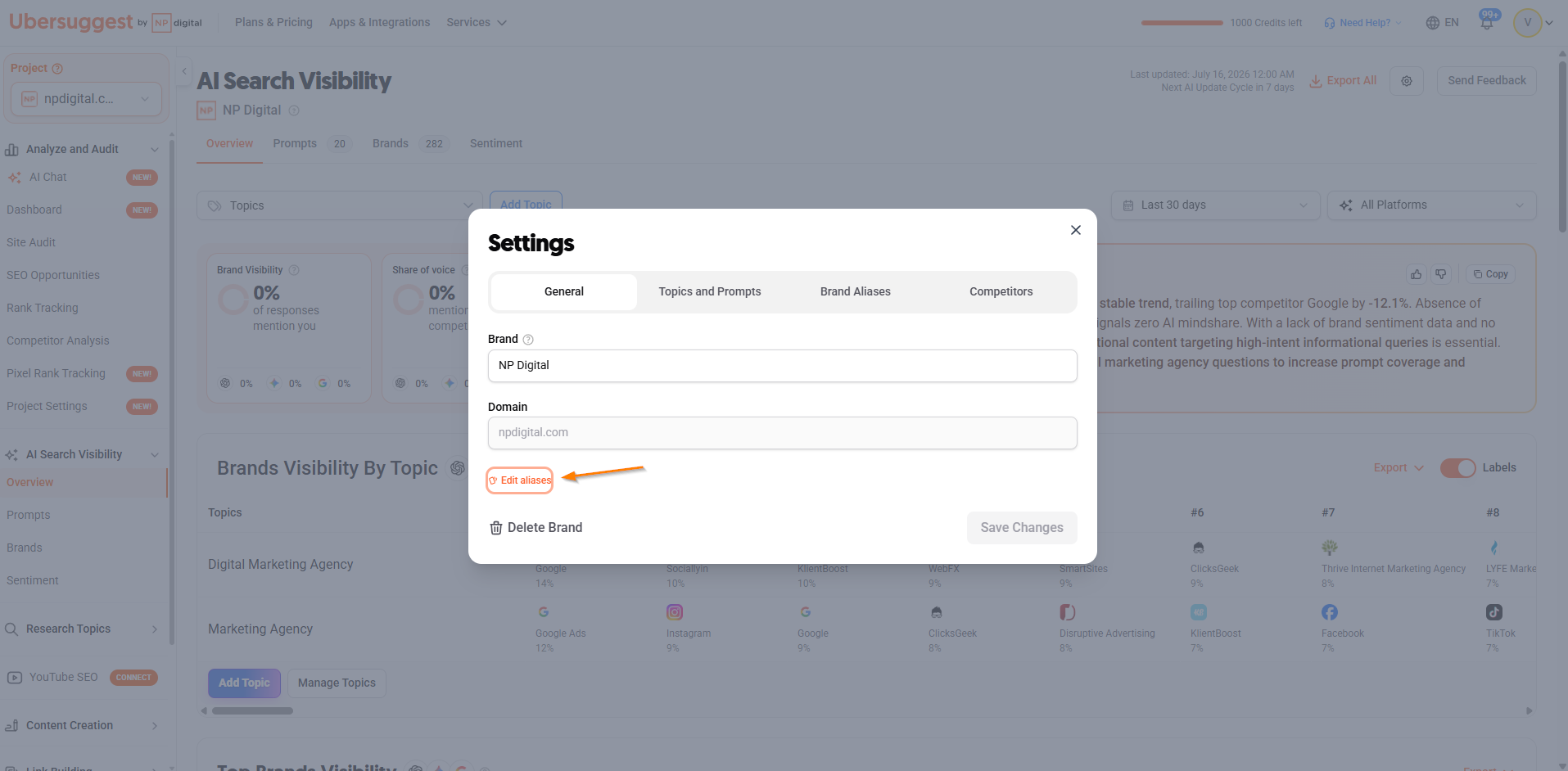 AI Search Visibility Settings modal with the Edit aliases button highlighted on the General tab