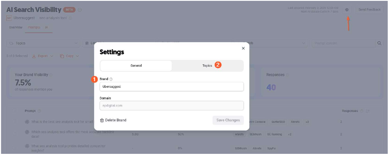 Settings modal General tab showing Brand name and Domain fields with the cog icon pointed out