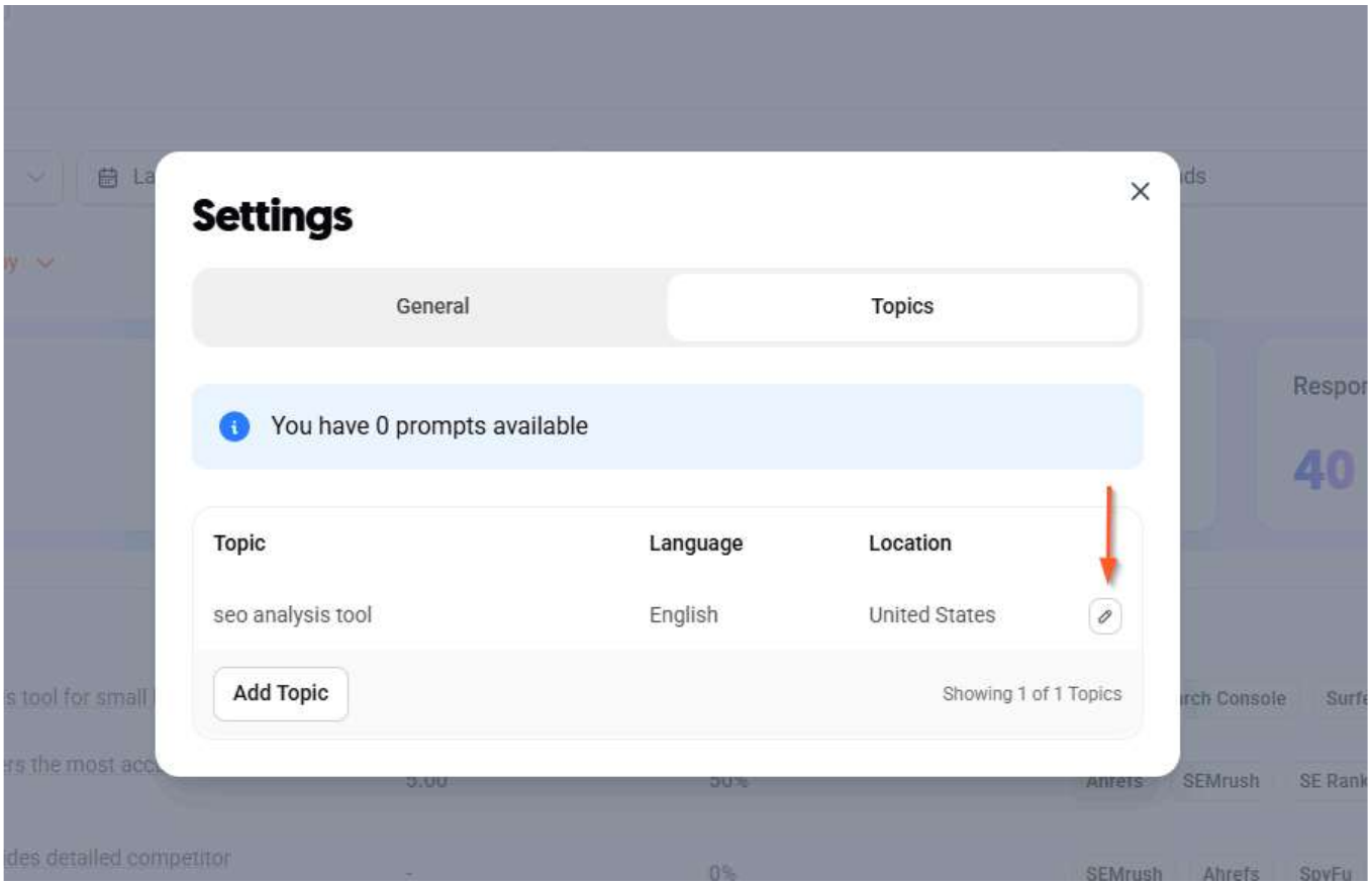 Settings modal Topics tab showing a tracked topic with the pencil edit icon highlighted