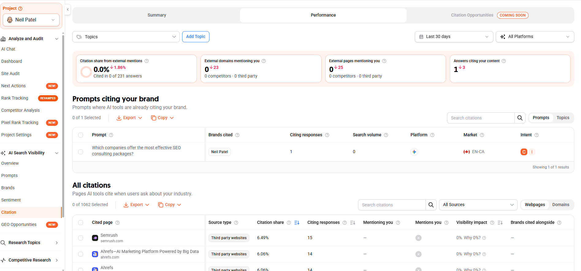 Performance view with stat cards and the citations table.