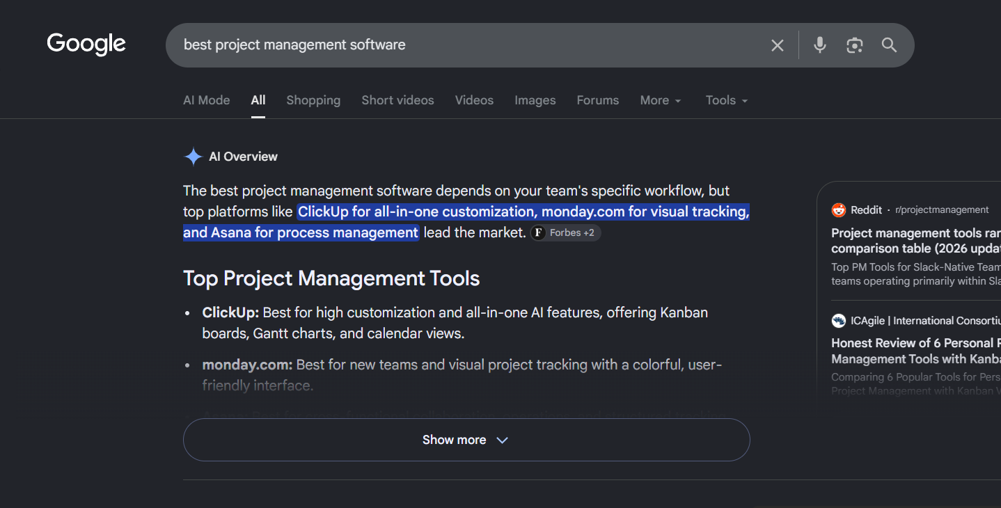 A Google search results page for 'best project management software' showing an AI Overview taking up the top of the page above the organic listings." Caption suggestion: "Search features like AI Overviews take up real space at the top of the page, pushing organic listings further down even when their numeric rank hasn't changed." Note: this capture shows an AI Overview only. If you want a version showing an ad and a People Also Ask box as well for a fuller illustration, a different query may render those features.